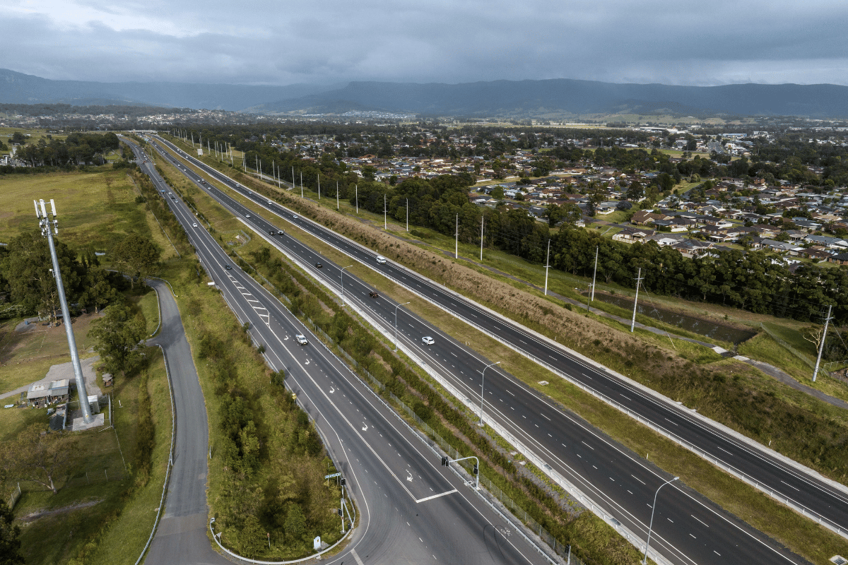 An overhead view the bypass road and the native Australian plants