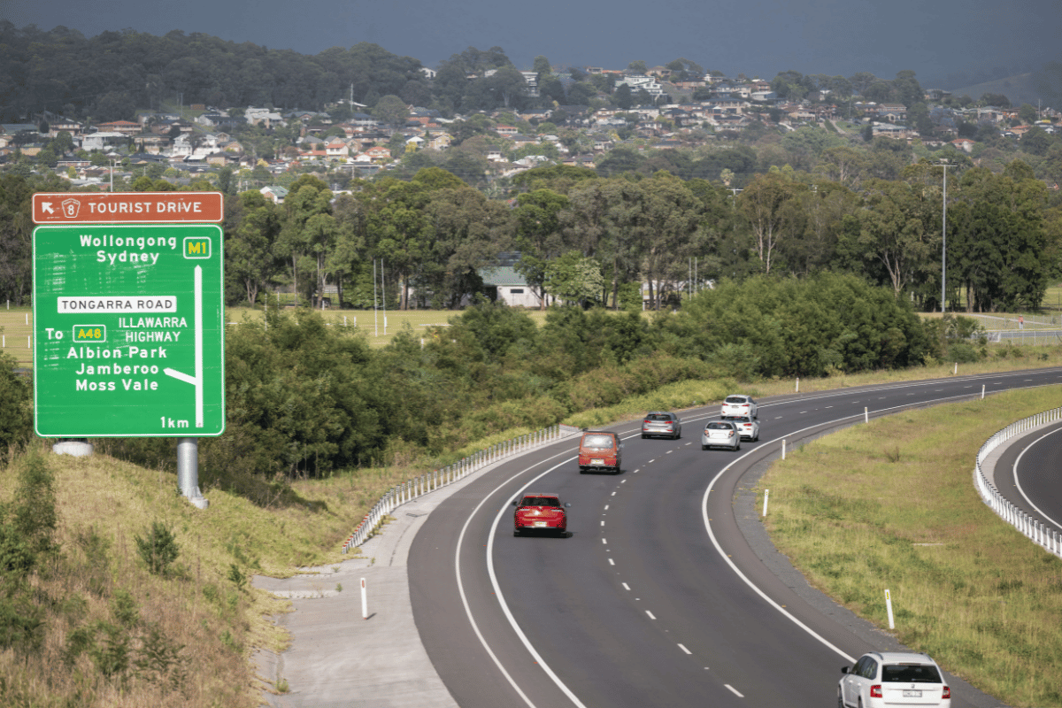 An overhead of the bypass and road with plantings on the side