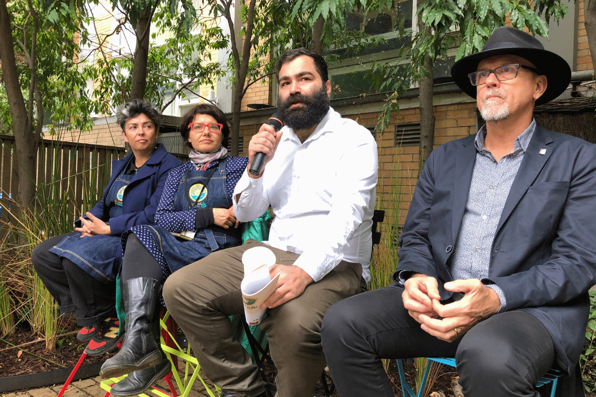 People speaking about the Living Pavilion