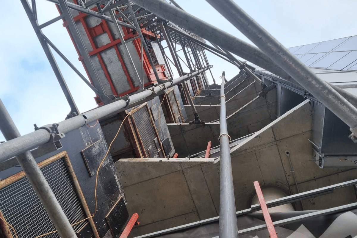 The scaffolding that the blower hose ran through so we could blow soil and aggregate